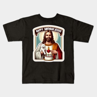 Happy Birthday Jesus with a White Cat and Birthday Cake Kids T-Shirt